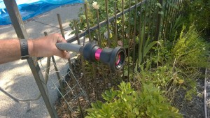 Fire hose nozzle from Amazon that creates a variety of spray patterns, perfect for hand watering.