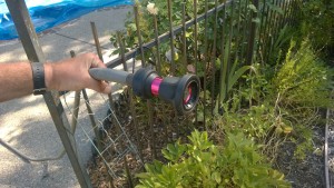 Fire hose nozzle from Amazon that creates a variety of spray patterns, perfect for hand watering.